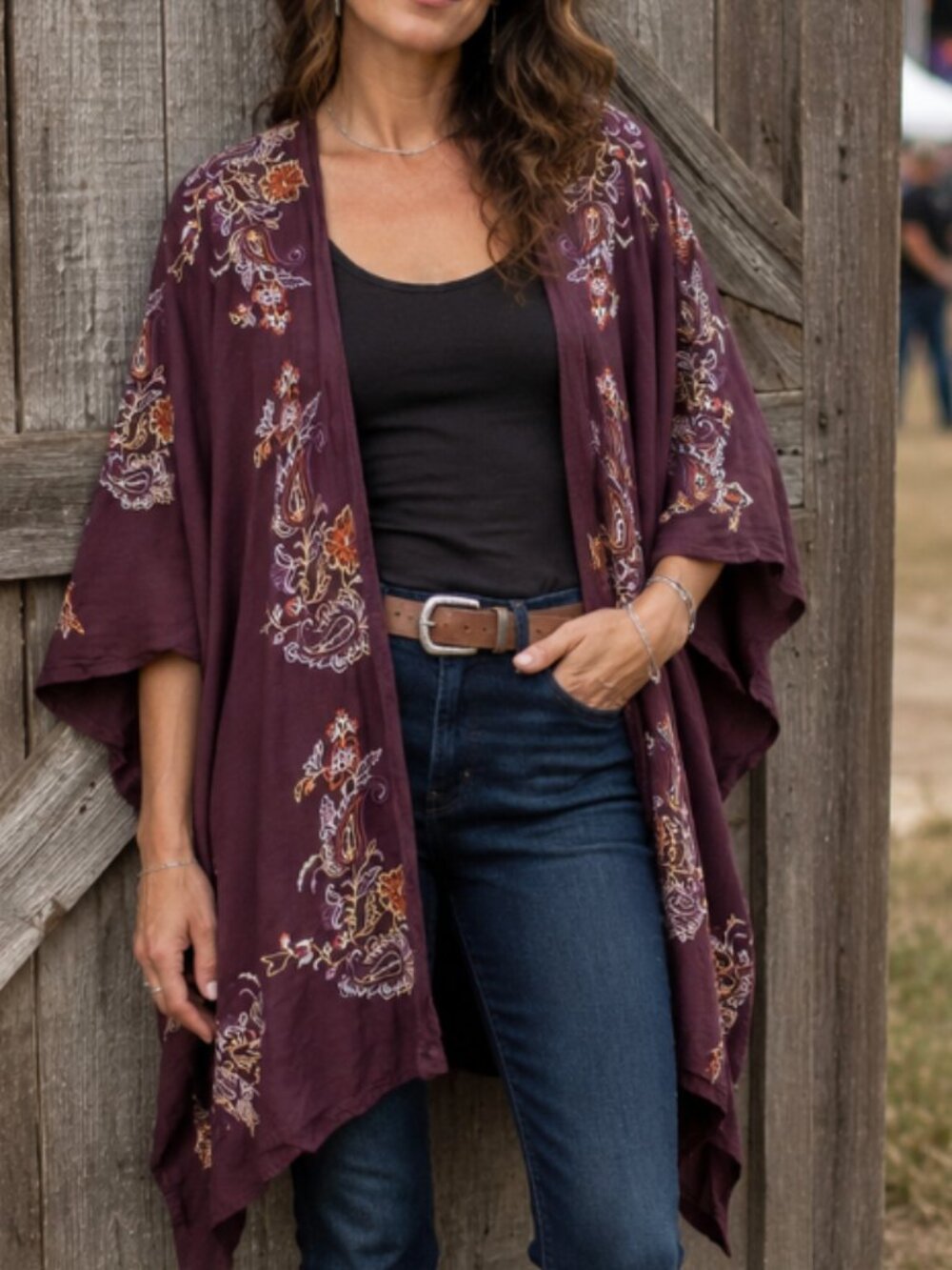 J.Jill Embroidery Purple Ruana/Kimono Duster Lagenlook Layers Boho Witchy Sz S-L